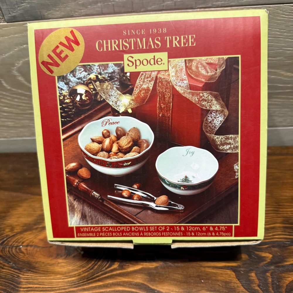 Spode Christmas Tree Vintage Scalloped Bowls Vtg. Set 2 Peace Joy Red Green NEW
